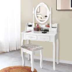 Costway Vanity Wood Makeup Dressing Table Stool Jewelry Desk 4 White -Baxton Furniture Store GUEST 00ea8bb5 850c 42e2 8738 588a44ba1049