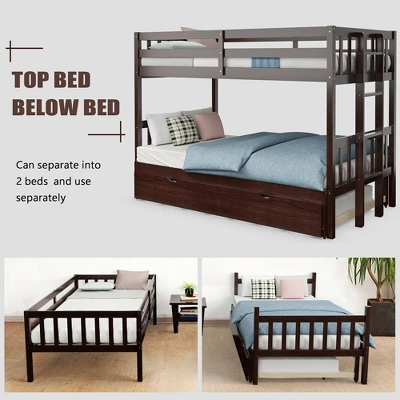 Costway Twin Over Twin Pull-Out Bunk Bed With Trundle Wooden Ladder WhiteEspresso 6 Costway Twin Over Twin Pull-Out Bunk Bed With Trundle Wooden Ladder WhiteEspresso - Image 4