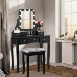 Costway Vanity Dressing Table Set W/ 10 Dimmable Bulbs Touch Switch Cushion Stool WhiteBlackBrown -Baxton Furniture Store GUEST 01732e71 7a7b 4064 a9ac ade602370225
