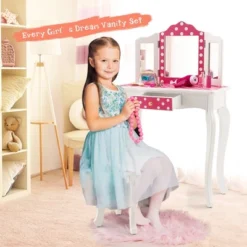 Costway Kid Vanity Set Wooden Makeup Table Stool Tri-Folding Mirror Polka Dot Print Pink -Baxton Furniture Store GUEST 01cb290f 51d5 4110 b250 2eb937f16764