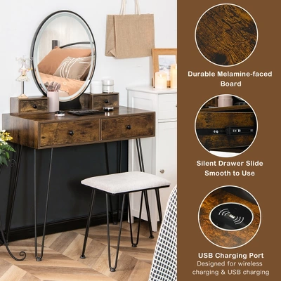 Costway Industrial Vanity Makeup Dressing Table Padded Stool Set 3-Color Lighted Mirror 7 Costway Industrial Vanity Makeup Dressing Table Padded Stool Set 3-Color Lighted Mirror - Image 5