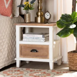 Glynn Wood 1 Drawer Nightstand White/Brown - Baxton Studio -Baxton Furniture Store GUEST 0557dc81 0213 46b9 bc89 93f5048e2c83