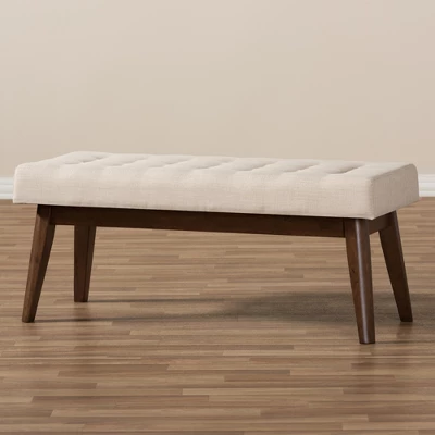 Elia Mid Century Modern Walnut Wood Fabric Button Tufted Bench - Baxton Studio 8 Elia Mid Century Modern Walnut Wood Fabric Button Tufted Bench - Baxton Studio - Image 6