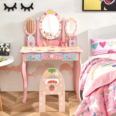 Costway Kids Vanity Princess Makeup Dressing Table Chair Set W/ Tri-fold Mirror Pink 3 Costway Kids Vanity Princess Makeup Dressing Table Chair Set W/ Tri-fold Mirror Pink