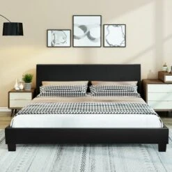 Costway Queen Upholstered Platform Bed Frame With Linen/PU Headboard Wood Slat Gray/Black -Baxton Furniture Store GUEST 0b337e99 da3e 4325 a02c 91189e813ec8