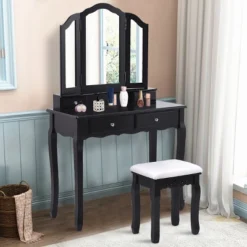 Costway Makeup Table Stool Set Tri Folding Mirror Vanity WhiteBlack -Baxton Furniture Store GUEST 0b57cfcc ecf6 44e8 b351 c652ea3324da