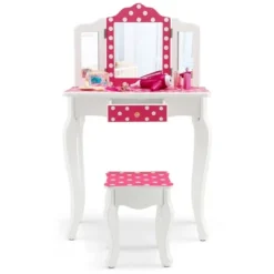 Costway Kid Vanity Set Wooden Makeup Table Stool Tri-Folding Mirror Polka Dot Print Pink -Baxton Furniture Store GUEST 0e3340b2 b91d 4461 8b6e a2a48741e247