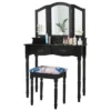 Costway Black Tri Folding Mirror Vanity Makeup Table Stool 4 Drawers