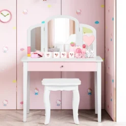 Costway Kids Vanity Set Princess Makeup Dressing Play Table Set W/Mirror White Pink -Baxton Furniture Store GUEST 119a6637 0d33 4ff4 a83c ec7fb68a3db5