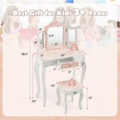 Costway Kid Vanity Set Wooden Makeup Table Stool Tri-Folding Mirror Zebra-Stripe Pink -Baxton Furniture Store GUEST 12413e2c 1d81 45e8 bed1 c322adf14ba8