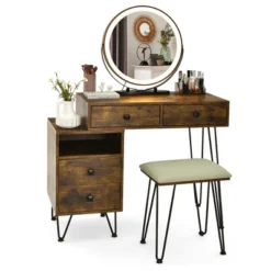 Costway Vanity Table Stool Set Dimmer LED Mirror Large Storage Cabinet Drawer Walnut BlackBrownWhite -Baxton Furniture Store GUEST 12719076 f435 4a5a bd0c fa59709fe1e9
