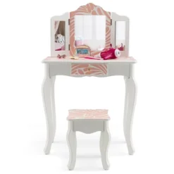Costway Kid Vanity Set Wooden Makeup Table Stool Tri-Folding Mirror Zebra-Stripe Pink -Baxton Furniture Store GUEST 162c33db 5dfd 44fc a96b c0bdd2c0642a