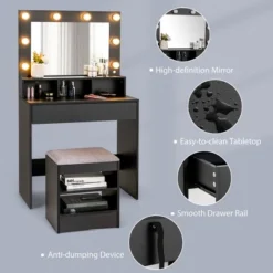 Costway Vanity Table Set With Lighted Mirror 8 LED Bulbs Large Drawer Cushion Stool -Baxton Furniture Store GUEST 168a8fbc 0ffd 4e98 afe4 343354f50951