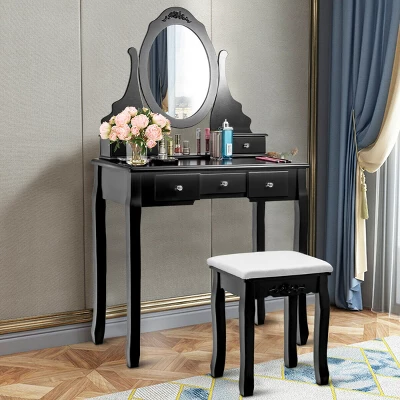 Costway Vanity Jewelry Wooden Makeup Dressing Table Set W/Stool Mirror & 5 Drawers Black 6 Costway Vanity Jewelry Wooden Makeup Dressing Table Set W/Stool Mirror & 5 Drawers Black - Image 4
