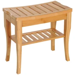 HOMCOM Long Bamboo Shower Bench Seat, 20" Wooden Spa Shower Stool With Underneath Storage Shelf Shoe Organizer -Baxton Furniture Store GUEST 1e575988 ae3a 4e6c b7bf db8c2b3f983f