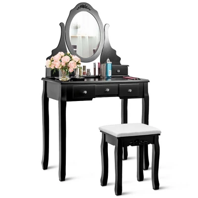 Costway Vanity Jewelry Wooden Makeup Dressing Table Set W/Stool Mirror & 5 Drawers Black 3 Costway Vanity Jewelry Wooden Makeup Dressing Table Set W/Stool Mirror & 5 Drawers Black