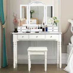 Costway 7 Drawers Vanity Set Dressing Table W/ Tri-Folding Mirror 25 Costway 7 Drawers Vanity Set Dressing Table W/ Tri-Folding Mirror -Baxton Furniture Store GUEST 26359450 702e 4d73 a821 14695df44928
