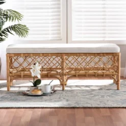 Orchard Fabric Upholstered And Rattan Bench White/Natural - Bali & Pari -Baxton Furniture Store GUEST 269bc041 f102 4317 bb39 3686923d5a68