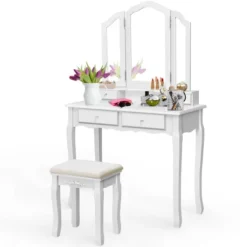 Costway Makeup Table Stool Set Tri Folding Mirror Vanity WhiteBlack -Baxton Furniture Store GUEST 29a59955 fd73 489f a2b6 1185c249748b