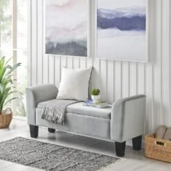 Simple Relax Bedroom Velvet Bench With Storage In Gray