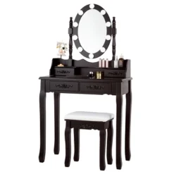 Tangkula Make-Up Vanity Table Dresser Set W/LED Light, Black Brown White -Baxton Furniture Store GUEST 2d4794fc eee8 4247 b3eb 321febaf41ed
