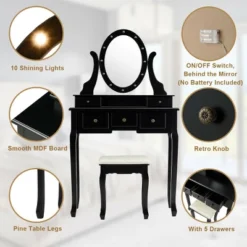 Costway Vanity Set Makeup Dressing Table W/5 Drawers 12 LED Bulb Black 18 Costway Vanity Set Makeup Dressing Table W/5 Drawers 12 LED Bulb Black -Baxton Furniture Store GUEST 304f9a5c b1ba 4175 9247 2bf4b1aade89