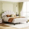 Upholstered Wood Platform Bed With Flower Pattern Velvet Headboard-ModernLuxe