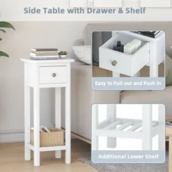 Costway 2 Tier End Bedside Sofa Side Table With Drawer Shelf Acacia Wood Nightstand White -Baxton Furniture Store GUEST 332a4048 44cc 43e5 82f1 d7c4b2bd3c16