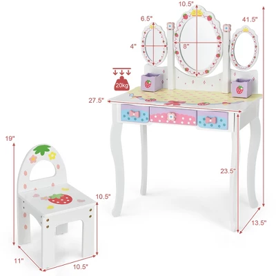 Costway Kids Vanity Princess Makeup Dressing Table Chair Set W/ Tri-fold Mirror White 5 Costway Kids Vanity Princess Makeup Dressing Table Chair Set W/ Tri-fold Mirror White - Image 3