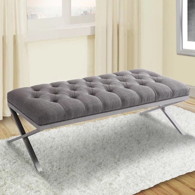 Milo Bench In Brushed Stainless Steel Finish With Gray Fabric - Armen Living 3 Milo Bench In Brushed Stainless Steel Finish With Gray Fabric - Armen Living