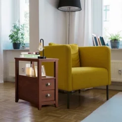 Tangkula 2-Piece Retro Side End Table Rectangular Nightstand With 2 Drawers & Shelf Coffee/Brown