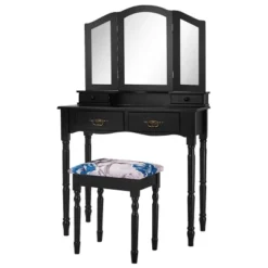 Costway Black Tri Folding Mirror Vanity Makeup Table Stool 4 Drawers -Baxton Furniture Store GUEST 39562062 af63 430d 8a0b 6b31958a8f42