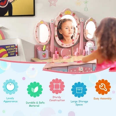Costway Kids Vanity Princess Makeup Dressing Table Chair Set W/ Tri-fold Mirror Pink 7 Costway Kids Vanity Princess Makeup Dressing Table Chair Set W/ Tri-fold Mirror Pink - Image 5