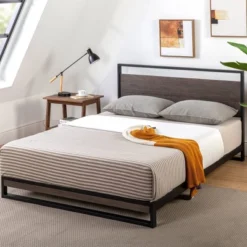 Suzanne Metal And Bamboo Platform Bed Frame With Headboard Gray Wash - Zinus