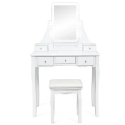 Tangkula LED Vanity Table Makeup Dresser Desk W/Drawers &Cushioned Stool Black/Brown/White -Baxton Furniture Store GUEST 41016d66 57ab 40f6 95f4 397578237f90