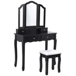 Tangkula Removable Tri-folding Mirror Vanity Table Unit Makeup Set W/ Stool & 4 Drawers -Baxton Furniture Store GUEST 471c79b7 81ec 4e68 96a3 0a1bf8092cc1