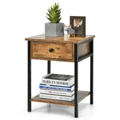 Costway Industrial End Side Table Nightstand With Drawer Shelf Rustic Brown -Baxton Furniture Store GUEST 49704cb2 7c5b 4b89 94ac ec0badf67c8a