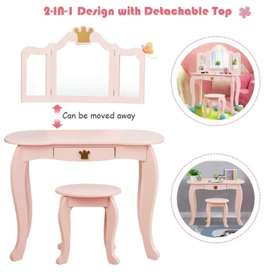 Costway Kids Makeup Dressing Table Chair Set Princess Vanity & Tri-folding Mirror 7 Costway Kids Makeup Dressing Table Chair Set Princess Vanity & Tri-folding Mirror - Image 5