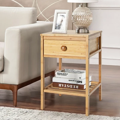 Costway Bamboo Nightstand Natural Side End Table W/Drawer For Living Room Bedroom 4 Costway Bamboo Nightstand Natural Side End Table W/Drawer For Living Room Bedroom - Image 2