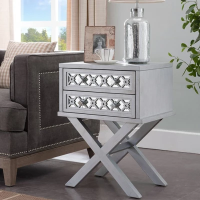 Mirrored Diamond Filigree X Base Nightstand/Table Silver Leaf - Leick Home 4 Mirrored Diamond Filigree X Base Nightstand/Table Silver Leaf - Leick Home - Image 2