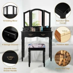 Costway Black Tri Folding Mirror Vanity Makeup Table Stool 4 Drawers -Baxton Furniture Store GUEST 63e8e497 7156 4d7f a37a b000cdd675ca