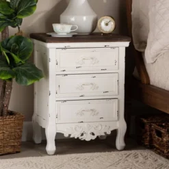 Levron And Antique Wood 3 Drawer Nightstand Walnut Brown/Antique White - Baxton Studio -Baxton Furniture Store GUEST 653220e9 3877 494f 9cfe 9ff5c0259f57