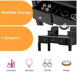 Costway Vanity Jewelry Wooden Makeup Dressing Table Set W/Stool Mirror & 5 Drawers Black 17 Costway Vanity Jewelry Wooden Makeup Dressing Table Set W/Stool Mirror & 5 Drawers Black -Baxton Furniture Store GUEST 678054c6 6538 4476 89c6 9e8789c30062