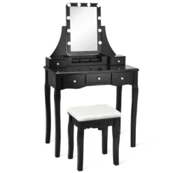 Tangkula LED Vanity Table Makeup Dresser Desk W/Drawers &Cushioned Stool Black/Brown/White -Baxton Furniture Store GUEST 67ae6227 4794 4e0c 86d2 f7a095a354e2