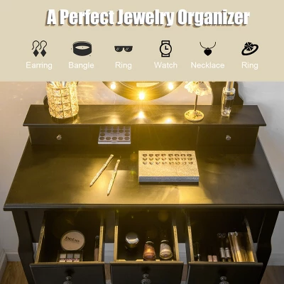 Costway Vanity Set Makeup Dressing Table W/5 Drawers 12 LED Bulb Black 7 Costway Vanity Set Makeup Dressing Table W/5 Drawers 12 LED Bulb Black - Image 5