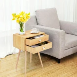 Costway Mid Century Modern 2 Drawers Nightstand In Natural Sofa Side Table End Table -Baxton Furniture Store GUEST 68caf30a cd53 42de b694 b8dd4f304375