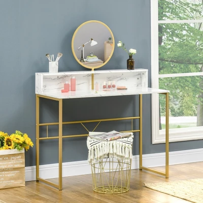 HOMCOM Modern Vanity Makeup Desk With Mirror, Dressing Table With Open Storage, Faux Marble Finish And Steel Frame For Bedroom, White And Gold 4 HOMCOM Modern Vanity Makeup Desk With Mirror, Dressing Table With Open Storage, Faux Marble Finish And Steel Frame For Bedroom, White And Gold - Image 2