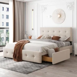 Upholstered Queen Size Platform Bed With Classic Headboard And 4 Drawers-ModernLuxe -Baxton Furniture Store GUEST 6e11f64c 3bc7 4f9b b220 33669a283040