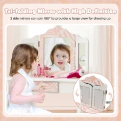Costway Kid Vanity Set Wooden Makeup Table Stool Tri-Folding Mirror Zebra-Stripe Pink -Baxton Furniture Store GUEST 72c8495a 93a8 4286 a021 1b2a172353ca