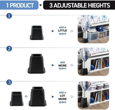 Adjustable Bed Risers - Heavy Duty Furniture Riser Set Of 4 In Heights Of 8, 5, Or 3 Inches For Table Risers, Bed Frame Risers In Black – Homeitusa 4 Adjustable Bed Risers - Heavy Duty Furniture Riser Set Of 4 In Heights Of 8, 5, Or 3 Inches For Table Risers, Bed Frame Risers In Black – Homeitusa - Image 2